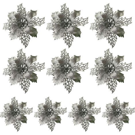 Lot de 10 décorations de Noël argentées à paillettes. en forme de feuilles de houx et de poinsettias artificiels. pour sapin (15 cm de diamètre). couronne de Noël. guirlande. cadeau floral. décoration (1/5)
