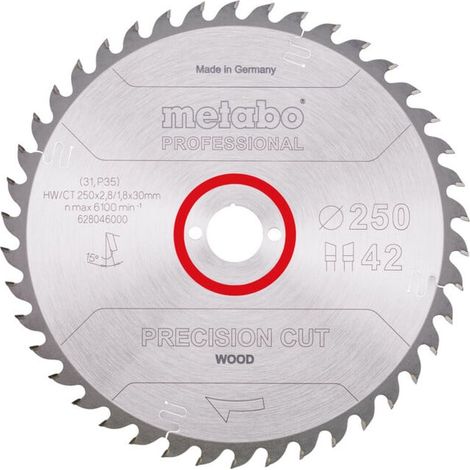 Lame de scie circulaire HW/CT 250 x 30 x 2,8/1,8, nombre de dents 42, affûtage en biseau alterné, angle d'attaque 15° metabo (1/3)