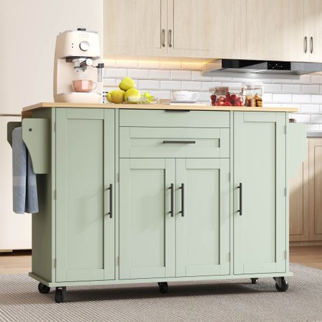 Îlot central de cuisine mobile 136 cm avec plateau rabattable extensible, desserte cuisine sur roulettes avec tiroir à couverts caché, étagères réglables, porte-épices et porte-serviettes, vert (1/5)