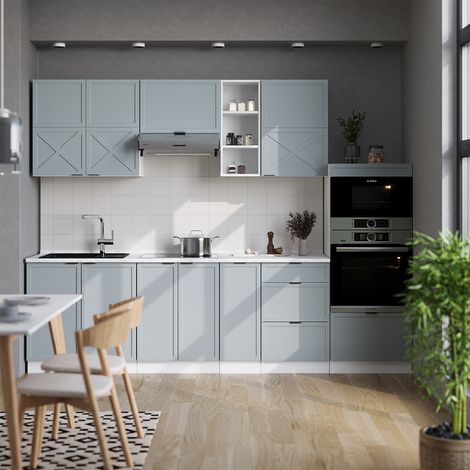 Cuisine Fame-Line, Bleu clair-gris/blanc, 280 cm sans plan de travail, Vicco