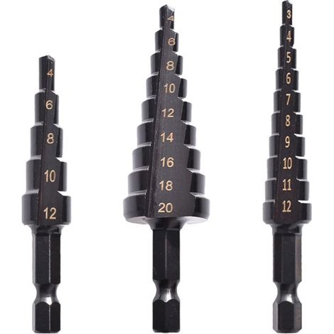 Jeu de 3 forets étagés HSS au cobalt, revêtus de nitrure noir, pour le perçage de panneaux fins en fer, acier, PVC et bois. (1/5)