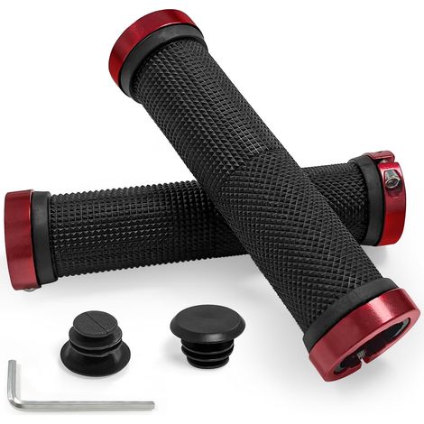 Puños de bicicleta, puños ergonómicos de goma antideslizantes para manillar con doble abrazadera de aluminio, compatibles con bicicletas de montaña y BMX. (1/5)