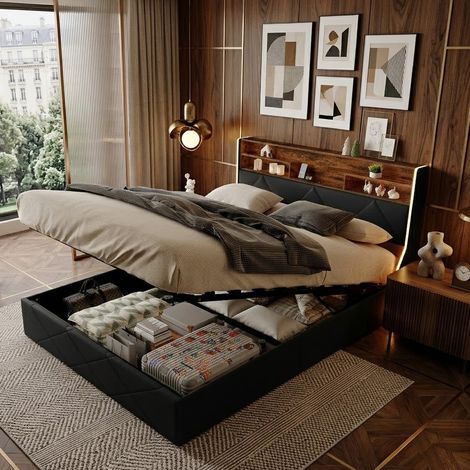 Lit Coffre 160x200 cm avec éclairage LED et Prise USB, Lit Double rembourré avec Rangement et sommier à Lattes, pour Adultes et Adolescents, PU, Noir (1/5)
