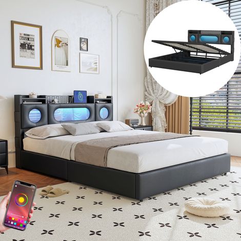 Letto contenitore 160x200 cm, letto con spazio di archiviazione e LED, testata con protezioni laterali e ricarica USB-A/C, rete a doghe, letto imbottito in similpelle per adulti – Nero