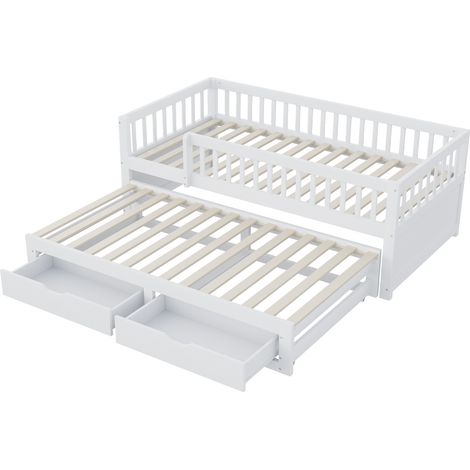 Cama nido de madera 90 x 200 cm blanca con barrera de seguridad y 2 cajones (1/5)