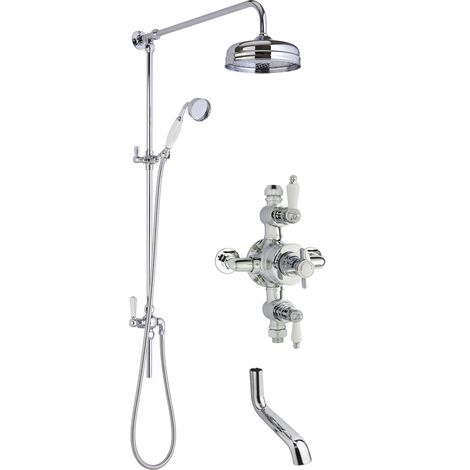 Kingsey Traditional Shower Triple Exposed Valve with Rigid Riser Shower & Bath Spout Set - Chrome/White - Balterley