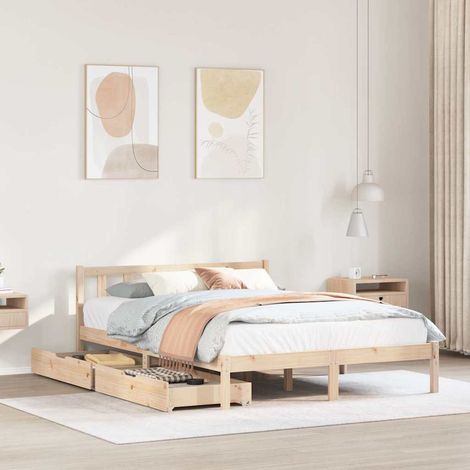 Cadre de lit bois massif pin avec tiroirs et sommier à lattes 160x200 cm pour chambre confortable (1/4)