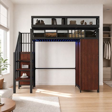 Metall-Hochbett 90 x 200 cm mit Kleiderschrank, Sicherheitstreppe, LED und Geländer, Schwarz (1/5)