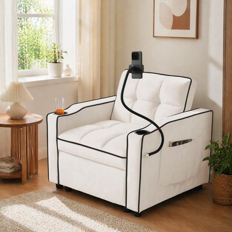 Sofá cama individual de terciopelo beige con respaldo reclinable en 3 posiciones, 2 portavasos, soporte para móvil y bolsa lateral, ideal para espacios pequeños CHICFURN (1/5)