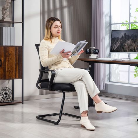 Extérieur Chaise de bureau en maille sans roulettes base en traîneau pour salle de conférence attente réception - noir