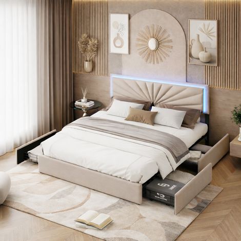 Lit double capitonné 160x200 cm avec LED, 4 tiroirs et sommier à lattes, tête de lit réglable, tissu lin, pour adultes et adolescents, beige (1/5)