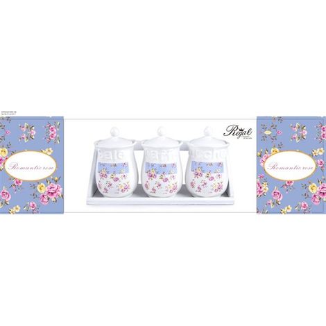 Set Tris Barattoli da Cucina Sale Zucchero Caffè in Ceramica Romantic Rose + Mensola (1/3)