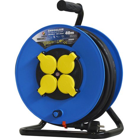Enrouleur électrique 4 prises à clapet 40m – H07RN-F 3G1,5mm² – IP44 pour usage intérieur/extérieur – Protection enfant et disjoncteur thermique – I-Watts (1/6)