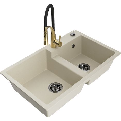 Mexen Tomas 2-Becken-Granitspüle mit Mischbatterie Aster, Beige - 6516-69-73450-57-B