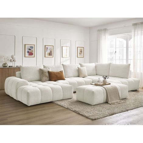 BOBOCHIC - Canapé panoramique convertible coffre EVEREST tissu chiné avec pouf Angle gauche Blanc (1/5)