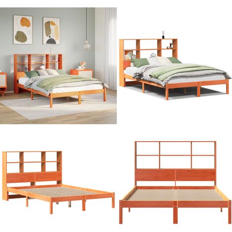 Cama con estantería sin colchón madera maciza marrón 135x190cm - Cama sin colchón - Cama de madera