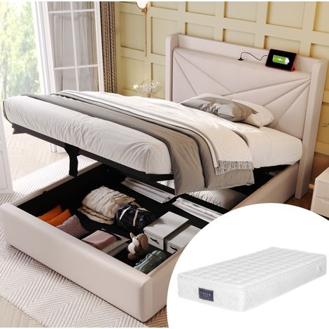 Cama individual con almacenaje moderna 90x200 cm en lino y algodón beige con cabecero geométrico, USB/Type-C y somier de láminas (1/5)