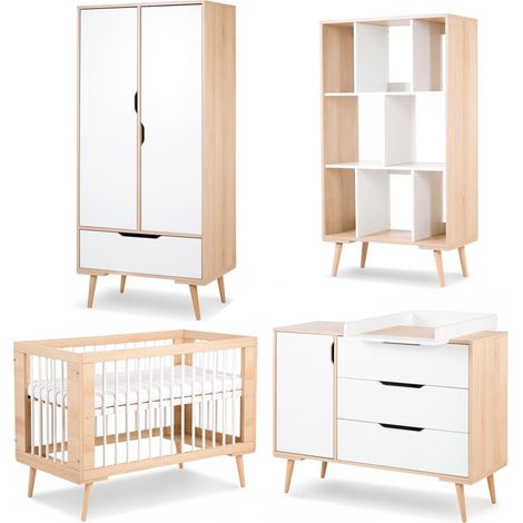 Monmobilierdesign – Chambre bébé complète scandinave – Commode à langer avec 3 tiroirs – Armoire avec penderie et rayonnages – Lit 120x60 en hêtre