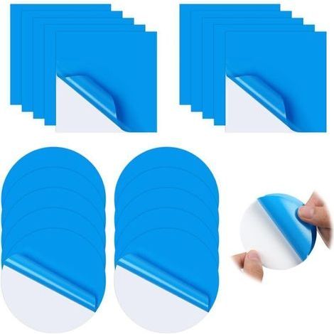 Toppe per piscine, confezione da 20 toppe autoadesive per riparazioni di piscine, kit di riparazione con toppe in PVC, toppe per la riparazione di materassi ad acqua, 10 quadrati, 10 cerchi (1/4)