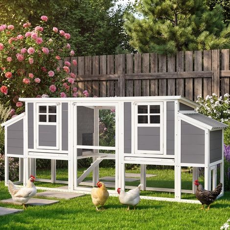 YODOLLA Hühnerstall XXL für 10 Hühner mit 4 Nistkästen & Auslauf, Weiß,250×100×56cm Holz-Hühnerhaus mit herausziehbarem Tablett, Outdoor-Hühnergehege Winterfest für den Garten (1/5)
