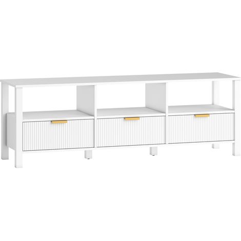 Meuble TV 152 cm, support télé 65 pouces avec 3 tiroirs et 3 étagères ouvertes, 152x39,5x50 cm, blanc (1/5)