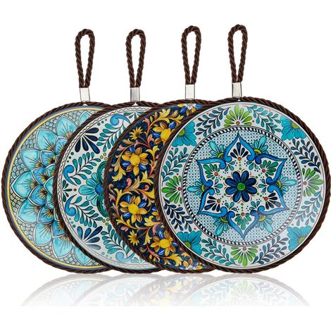 4 Pièces Dessous de Plat Céramique avec Base en Liège et Cordon, Diamètre 16 cm Motif Vintage Dessous de Verre, sous Verre Résistants à la Chaleur Adaptées aux Assiettes, Tasses et Casseroles (1/5)
