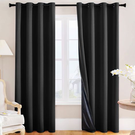 Rideaux occultants 2 pièces, en tissu laminé à ressort,insonorisants, rideaux isolants thermiques d'hiver, imperméables(noir,132x213cm)