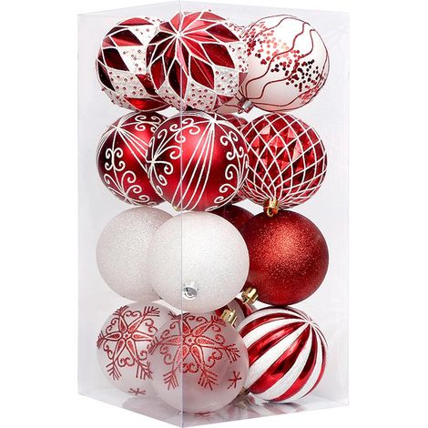 Weihnachtskugeln, 16 Stück/8 cm, bruchsicherer Weihnachtsbaumschmuck, hängende Ornamente zur Weihnachtsdekoration (rot und weiß)