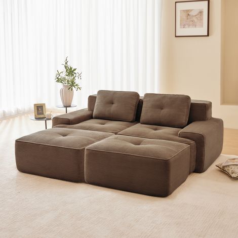 Divano modulare in velluto a coste a 2 posti con 2 pouf, senza struttura, elastico 32D, sedute extra profonde, 204x177x69cm, marrone