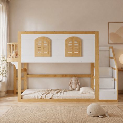 Cama infantil alta 90x200 cm con escalera-almacenaje, zona de juego, blanco y natural HAVRYA (1/5)