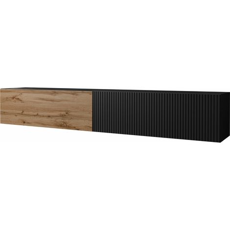 Meuble TV Calveru 101, Noir + Chêne wotan, Le nombre de portes: 0, Nombre de tiroirs: 0, 200x31x30cm (1/4)