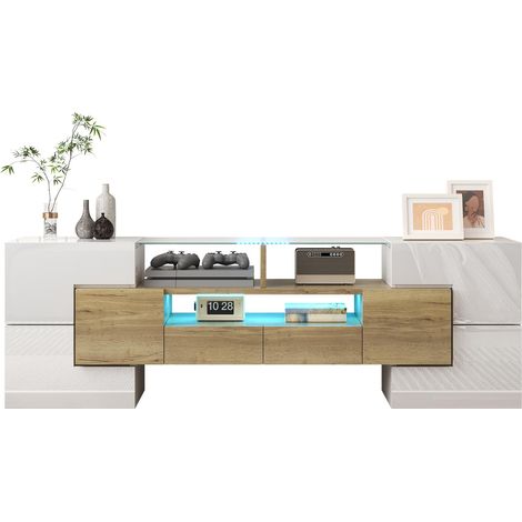 Meuble TV bas et élégant. Blanc brillant, 145 cm, éclairage LED, meuble de salon. Design moderne. Plateau en verre raffiné.