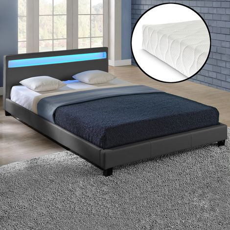 Letto Matrimoniale con Materasso 180x200 cm Testiera Alta con Illuminazione a LED Similpelle - Grigio scuro Corium (1/5)