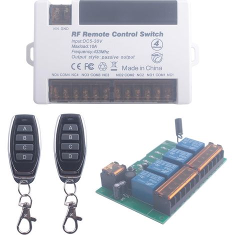 Relais interrupteur sans fil 12V 24V, récepteur 4 canaux RF 433MHz DC 5V-30V avec 2 émetteurs pour commande à distance de porte de garage, éclairage, moteur et serrure électrique (1/5)