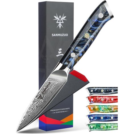 Office Knife with Blade 9 cm Kitchen Knife Carving Knives in 67 Layer Damascus Steel with Resin Handle (Black Star) – Series (1/5)