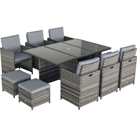 Outsunny 11PC Garden Rattan Dining Set Cushion Patio Table Chair Conservatory Grey