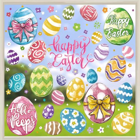 Lot de 6 feuilles d'autocollants pour fenêtres sur le thème de Pâques, grands œufs de Pâques, stickers œufs et fleurs style peinture à l'huile, décorations printanières réutilisables pour la maison, l (1/5)