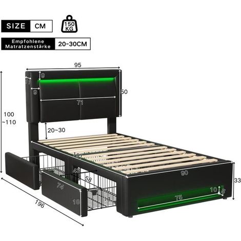 Lit simple 90x190 cm en pu avec USB et éclairage LED,lit coffre avec 4 tiroirs et sommier à lattes pour enfant/adulte,noir (1/5)
