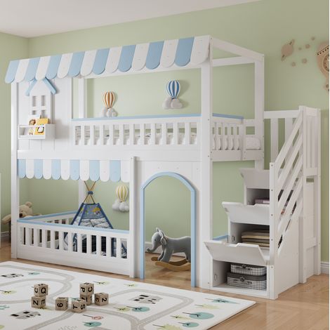Bett Etagenbett Aufbewahrung 90x200 Holz Weiß Blau HAVRYA (1/5)