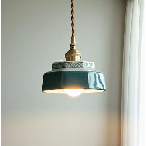Suspension vintage en céramique avec ampoule, petit lustre, lampe de chevet LED, suspension en porcelaine, plafonnier, φ14cm, lumière chaude 3000K