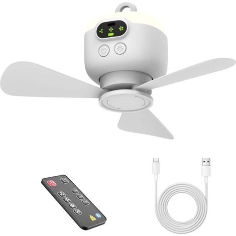 Mini ventilateur de plafond rechargeable par USB - alimenté par une batterie de 8000 mAh, idéal pour les tentes, les dortoirs, etc. - 1 pièce, blanc (1/5)