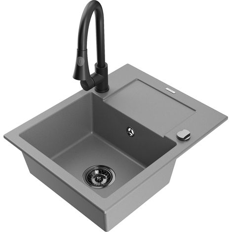Mexen Enzo évier en granit 1 bac avec égouttoir et robinet de cuisine Elia, gris - 6506-71-670101-70-B (1/5)