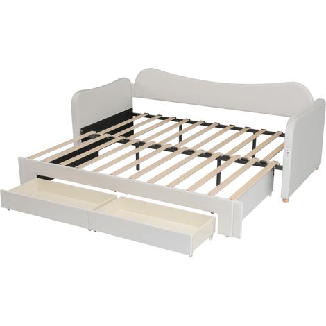 Letto estraibile imbottito beige in velluto con 2 cassetti, USB-C, 90x200 estensibile a 180x200 (1/5)