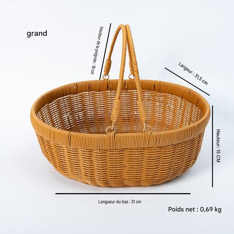 Panier cabas tressé imitation rotin, en forme de panier de pique-nique, panier à légumes, panier à fruits avec couvercle, panier de pique-nique