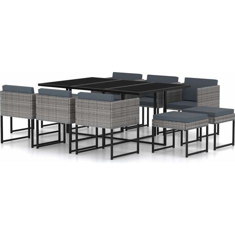 Salon de jardin 11 pcs Ensemble Table et Chaise de Jardin - avec coussins Résine tressée Gris BV532435 - BonneVie (1/5)