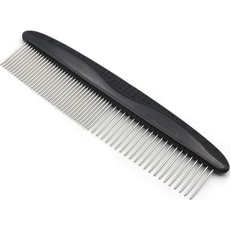 Peine para mascotas, apto para perros, gatos, conejos y otros animales de pelo largo y corto. Dientes anchos y estrechos de acero inoxidable (negro). (1/5)