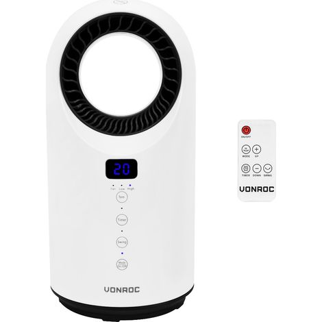 VONROC Calefactor eléctrico - ventilador - 1500W - sin aspas - cerámica - 3 posiciones de calefacción - Incluido mando a distancia - función de giro - termostato y temporizador - 15m2 - blanco