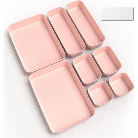 Lot de 8 organiseurs de tiroirs, système de rangement pour cuisine, salle de bain, cosmétiques, organisation, tiroir, en plastique, séparateur de bureau avec tapis en silicone (1/5)