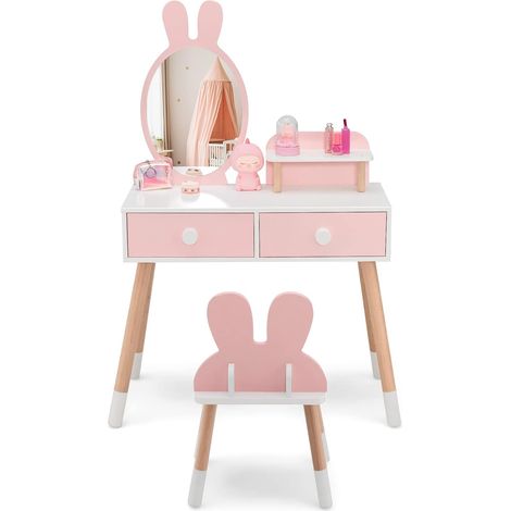 COSTWAY Tocador de Mauillaje para Niña, Juego de Mesa y Silla para Niñas, Escritorio Espejo 2 en 1 para Maquillaje de Princesa, 2 Cajones y Estante, Juego de Tocador con Patas de Madera Maciza (1/5)