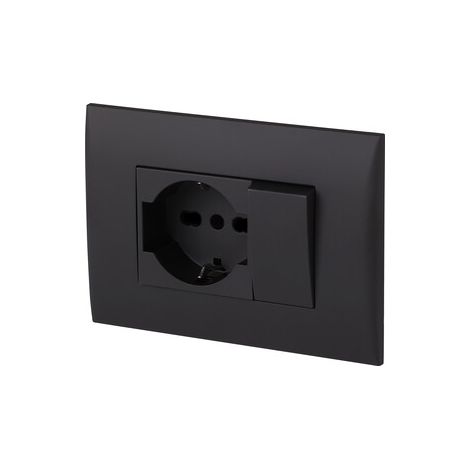 PLACCA C/SUPP PULSANTE+PRESA BIPAS SCHUKO NERO